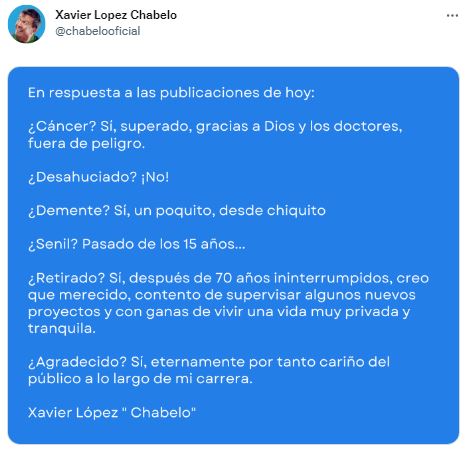 Xavier López "Chabelo" desmiente que tenga cáncer y esté desahuciado