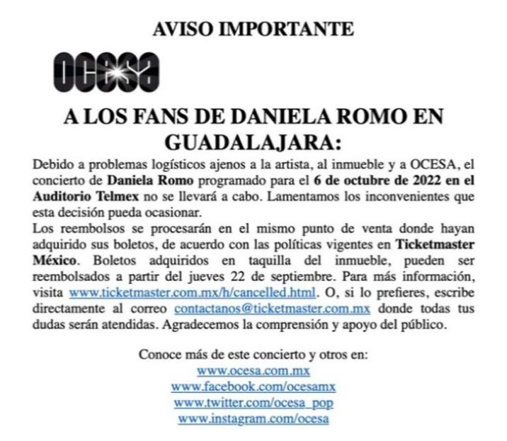 Daniela Romo: ¿Por qué se canceló el concierto que daría en Guadalajara?