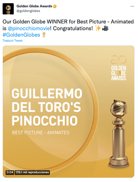 Guillermo del Toro gana Globo de Oro por su película de "Pinocho"