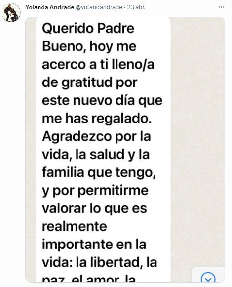 Yolanda Andrade agradece "un nuevo día" tras haber estado al borde de la muerte