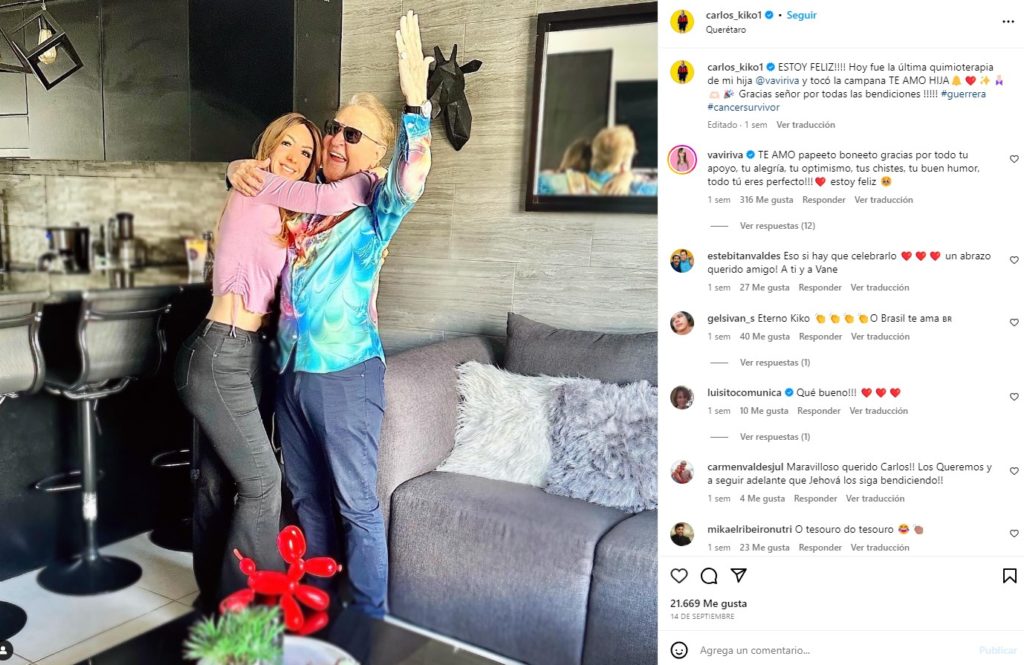 Carlos Villagrán celebra última quimioterpia de su hija Vanesa