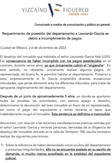 Leonardo García es acusado de fraude por la inmobiliaria que lo desalojó